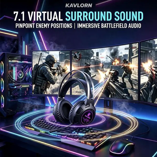 Alt view image 2 of 6 - Gaming Headset,Comfortable Gaming Headphone: 7.1 Surround Sound | Self-Adjusting Suspension Headband,50MM Drivers&Noise Canceling Mic,Cool RGB lighting,One-Key Volume Roller,Wired USB
