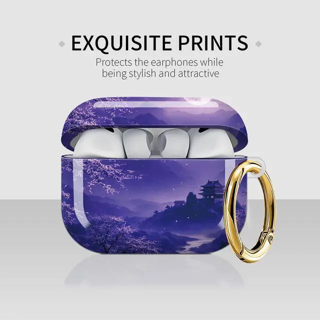 Alt view image 3 of 7 - Case Compatible with AirPod Pro 3 2025, Cute Protective Cover with Keychain for AirPod Pro 3rd Generation, Full Protection Case for Women Girls(Purple Moonlight Cherry Blossom Landscape)