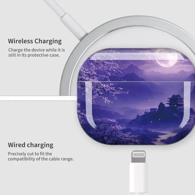 Alt view image 4 of 7 - Case Compatible with AirPod Pro 3 2025, Cute Protective Cover with Keychain for AirPod Pro 3rd Generation, Full Protection Case for Women Girls(Purple Moonlight Cherry Blossom Landscape)