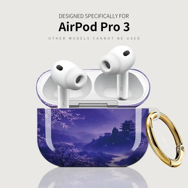 Alt view image 5 of 7 - Case Compatible with AirPod Pro 3 2025, Cute Protective Cover with Keychain for AirPod Pro 3rd Generation, Full Protection Case for Women Girls(Purple Moonlight Cherry Blossom Landscape)