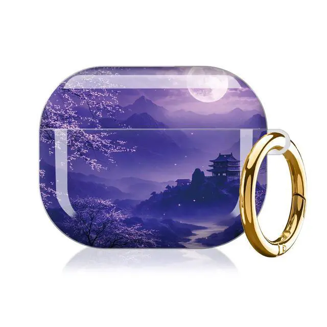 Alt view image 7 of 7 - Case Compatible with AirPod Pro 3 2025, Cute Protective Cover with Keychain for AirPod Pro 3rd Generation, Full Protection Case for Women Girls(Purple Moonlight Cherry Blossom Landscape)