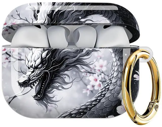Main image of Case Compatible with AirPod Pro 3 2025, Cute Protective Cover with Keychain for AirPod Pro 3rd Generation, Full Protection Case for Women Girls(Dragon Cherry Blossom Art)