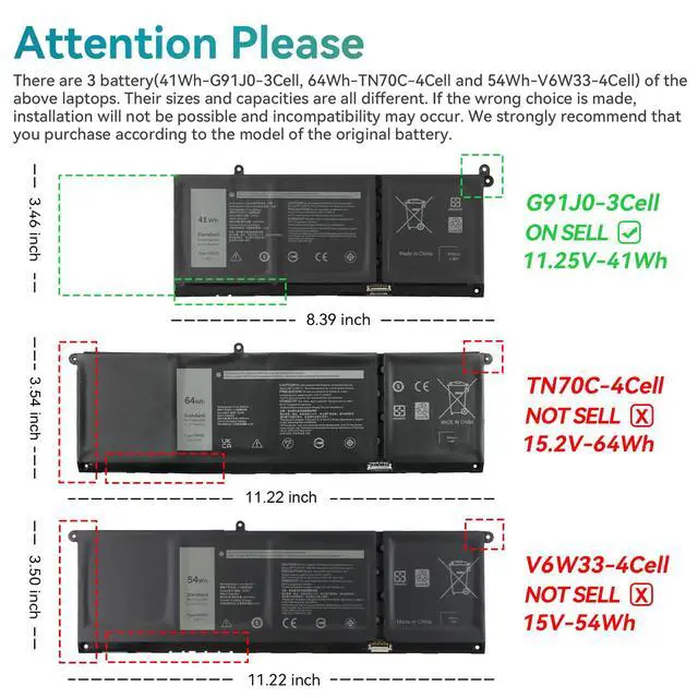 Alt view image 3 of 7 - 41Wh G91J0 Battery for Dell Latitude 3320 3330 3420 3520 Inspiron 3510 3511 3515 3520 3525 3530 5310 5320 5330 5410 5415 5418 5510 5515 5518 5430 5435 7415 7420 7415 7420 7415 Vostro 5620 5625