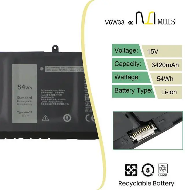 Alt view image 2 of 7 - 54Wh V6W33 Laptop Battery for Dell Latitude 3320 3330 3420 3520 3530 | Inspiron 3510 3511 3515 3520 3525 3535 5310 5410 5410 5510 5515 5518 5410 5625 5630 5635 Vostro 3515 3525 5620 5625