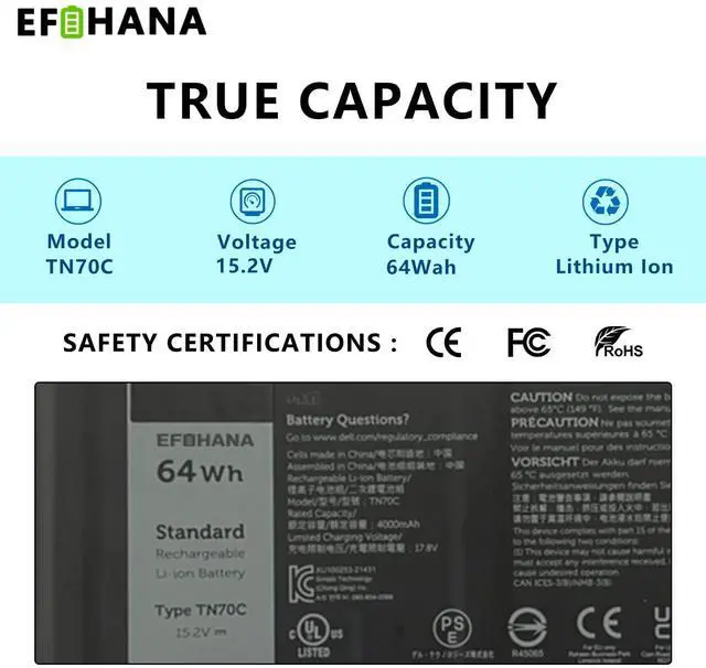 Alt view image 2 of 6 - TN70C N9XX1 3RR09 JGCCT Laptop Battery Replacement for Dell Inspiron 3510 3515 5310 5410 5510 Latitude 3320 3420 3520 Vostro 3510 3515 5410 5510 Series 15.2V 64Wh