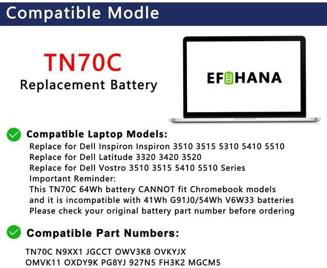 Alt view image 3 of 6 - TN70C N9XX1 3RR09 JGCCT Laptop Battery Replacement for Dell Inspiron 3510 3515 5310 5410 5510 Latitude 3320 3420 3520 Vostro 3510 3515 5410 5510 Series 15.2V 64Wh