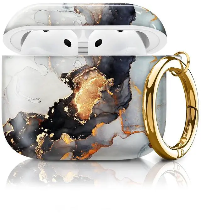 Main image of Compatible with AirPod 4th Generation Case Cover with Keychain, Full Protective Shockproof Wireless Headphone Case for Women Men Girl (Gold Black White Marble)