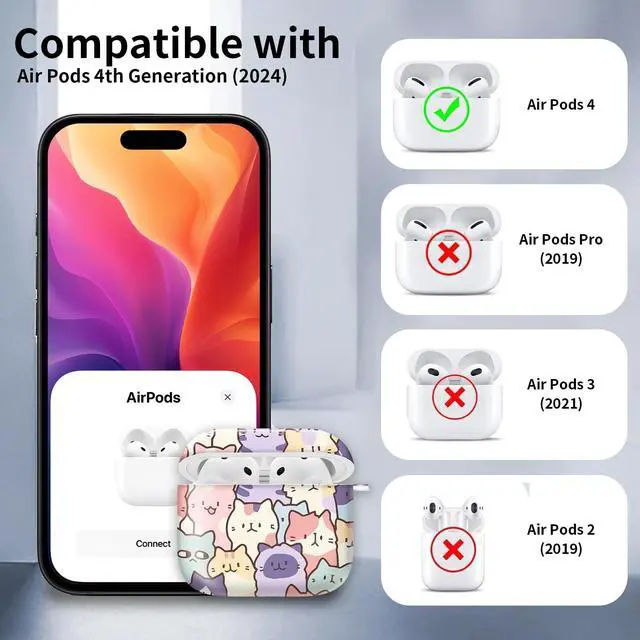 Alt view image 6 of 6 - Compatible with AirPod 4th Generation Case Cover with Keychain, Full Protective Shockproof Wireless Headphone Case for Women Men Girl (Cute Colorful Cat)