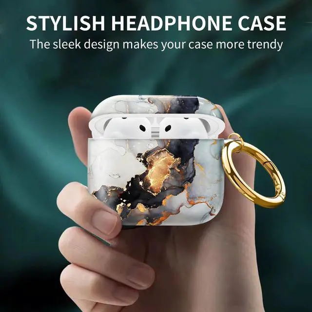 Alt view image 2 of 6 - Compatible with AirPod 4th Generation Case Cover with Keychain, Full Protective Shockproof Wireless Headphone Case for Women Men Girl (Gold Black White Marble)