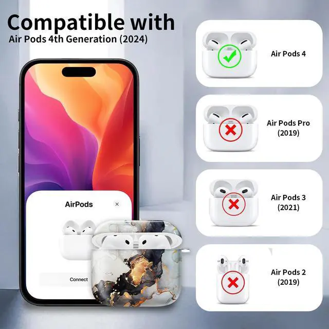 Alt view image 6 of 6 - Compatible with AirPod 4th Generation Case Cover with Keychain, Full Protective Shockproof Wireless Headphone Case for Women Men Girl (Gold Black White Marble)