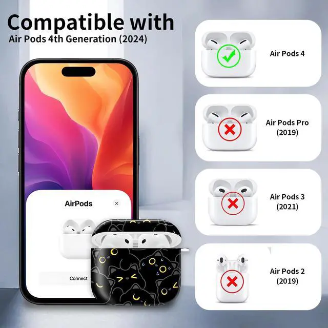 Alt view image 6 of 6 - Compatible with AirPod 4th Generation Case Cover with Keychain, Full Protective Shockproof Wireless Headphone Case for Women Men Girl (Black cat)