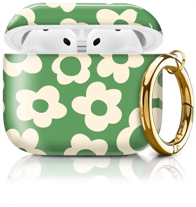 Main image of Compatible with AirPod 4th Generation Case Cover with Keychain, Full Protective Shockproof Wireless Headphone Case for Women Men Girl (Green Groovy Flower)