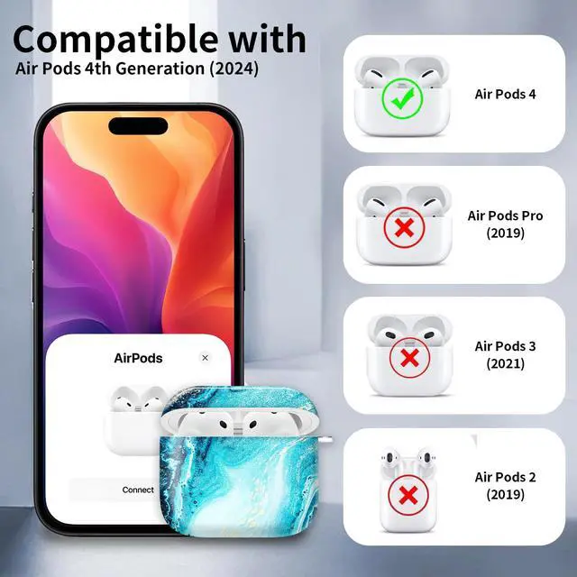 Alt view image 6 of 6 - Compatible with AirPod 4th Generation Case Cover with Keychain, Full Protective Shockproof Wireless Headphone Case for Women Men (Blue Marble)