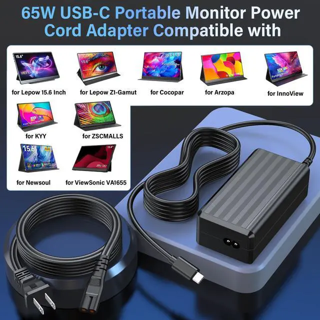 Alt view image 2 of 7 - USB-C Charger Replacement Fit for Lepow Portable Monitor Z1 for InnoView | Power Cord AC Adapter for KYY for ViewSonic for Arzopa for QQH for Newsoul for SideTrak for ZSCMALLS Gaming Computer Monitor