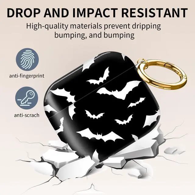 Alt view image 4 of 6 - Compatible with AirPod 4th Generation Case Cover with Keychain, Full Protective Shockproof Wireless Headphone Case for Women Men Girl (Black White Bat)