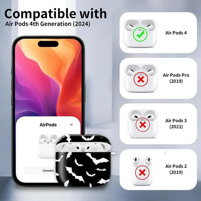 Alt view image 6 of 6 - Compatible with AirPod 4th Generation Case Cover with Keychain, Full Protective Shockproof Wireless Headphone Case for Women Men Girl (Black White Bat)