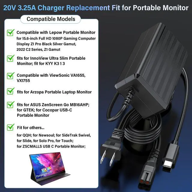 Alt view image 3 of 7 - USB-C Charger Replacement Fit for Lepow Portable Monitor Z1 for InnoView | Power Cord AC Adapter for KYY for ViewSonic for Arzopa for QQH for Newsoul for SideTrak for ZSCMALLS Gaming Computer Monitor
