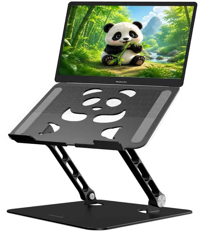 Main image of Stable Laptop Stand for Desk Fit for 10"-16.3" Laptops, Black | Foldable Aluminum Riser Creates an Ergonomic Workspace with Cute Panda Cooling Vent, Fits MacBook Air/Pro, Dell and Lenovo