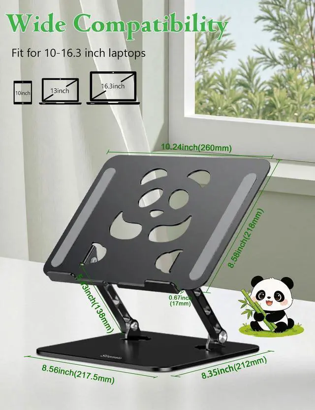 Alt view image 2 of 7 - Stable Laptop Stand for Desk Fit for 10"-16.3" Laptops, Black | Foldable Aluminum Riser Creates an Ergonomic Workspace with Cute Panda Cooling Vent, Fits MacBook Air/Pro, Dell and Lenovo