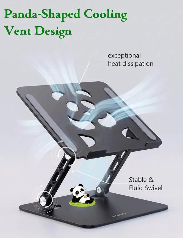 Alt view image 4 of 7 - Stable Laptop Stand for Desk Fit for 10"-16.3" Laptops, Black | Foldable Aluminum Riser Creates an Ergonomic Workspace with Cute Panda Cooling Vent, Fits MacBook Air/Pro, Dell and Lenovo