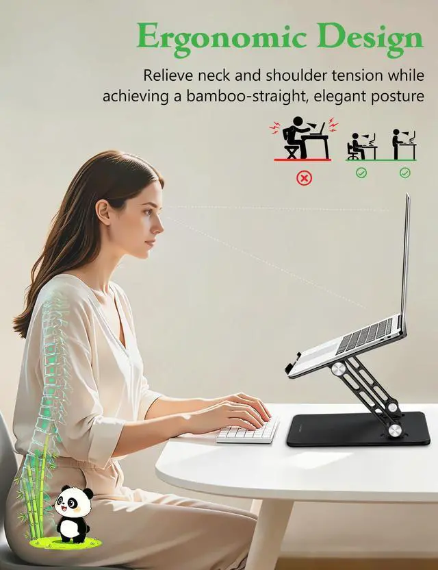 Alt view image 5 of 7 - Stable Laptop Stand for Desk Fit for 10"-16.3" Laptops, Black | Foldable Aluminum Riser Creates an Ergonomic Workspace with Cute Panda Cooling Vent, Fits MacBook Air/Pro, Dell and Lenovo