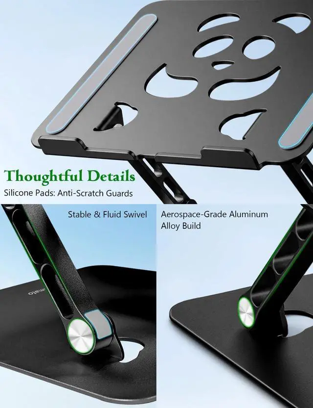 Alt view image 6 of 7 - Stable Laptop Stand for Desk Fit for 10"-16.3" Laptops, Black | Foldable Aluminum Riser Creates an Ergonomic Workspace with Cute Panda Cooling Vent, Fits MacBook Air/Pro, Dell and Lenovo