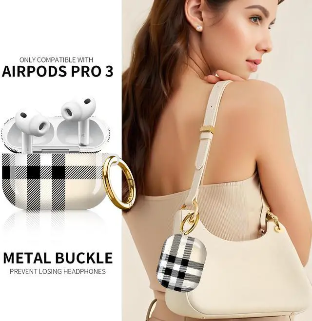 Alt view image 2 of 6 - Compatible with AirPod Pro 3rd Generation Case 2025,Fashion Protective Cover with Keychain, Anti-Scratch, Drop Protection,Shockproof Cover for AirPod Pro 3 Women(Beige Plaid Checkered)