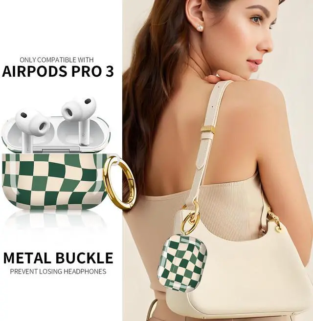 Alt view image 2 of 6 - Compatible with AirPod Pro 3rd Generation Case 2025,Fashion Protective Cover with Keychain, Anti-Scratch, Drop Protection,Shockproof Cover for AirPod Pro 3 Women(Green Checkered)