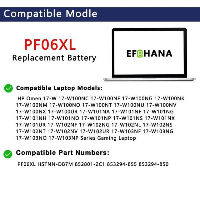 Alt view image 4 of 7 - PF06XL Gaming Laptop Battery Replacement for HP Omen 17-W 17-W100NC 17-W100NF 17-W200NA 17-W200NE Series Laptop HSTNN-DB7M 852801-2C1 853294-855 853294-850 11.55V 95.8Wh 8300mAh 6-Cells