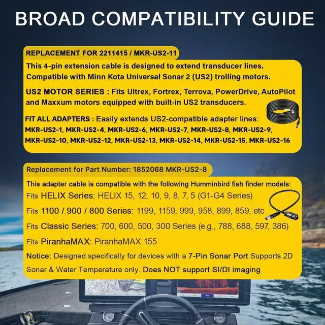 Alt view image 6 of 7 - 2211415 1852068 MKR-US2-11 MKR-US2-8 4-Pin Extension Cable & 7-Pin Transducer Adapter Kit Compatible with Minn Kota Universal Sonar 2 US2 Trolling Motor and Humminbird Helix 5 7 8 9 10 Fish Finder