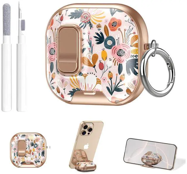 Main image of Secure Lock for Airpods 4 Case Clear,Girly Cute Palm Floral for Airpods 4th Generation Case Cover with Phone Stand,Auto Pop-up,Hybrid Protection with Carabiner&Cleaning Pen Women Girl-Golden