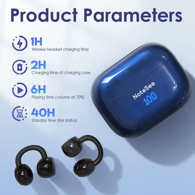 Alt view image 7 of 7 - Open Ear Ring True Open Ear Headphones, Lightweight Comfort Open Ear Clip Wireless Earbuds, 40H Play Bluetooth 5.4 Headphones with Smart Digital Display Design Fit Sports Running, Workout Black