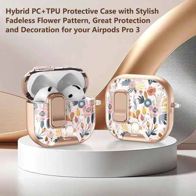 Alt view image 2 of 7 - Secure Lock for Airpods 4 Case Clear,Girly Cute Palm Floral for Airpods 4th Generation Case Cover with Phone Stand,Auto Pop-up,Hybrid Protection with Carabiner&Cleaning Pen Women Girl-Golden