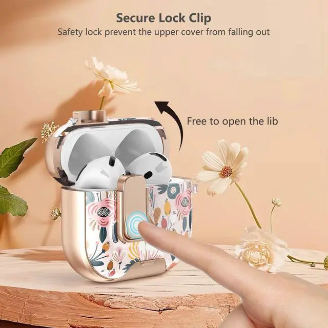 Alt view image 3 of 7 - Secure Lock for Airpods 4 Case Clear,Girly Cute Palm Floral for Airpods 4th Generation Case Cover with Phone Stand,Auto Pop-up,Hybrid Protection with Carabiner&Cleaning Pen Women Girl-Golden