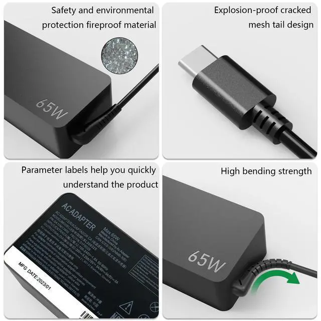 Alt view image 3 of 7 - 65W USB C Laptop Charger Compatible with Lenovo Thinkpad AC Adapter | Fit for Lenovo ThinkPad T14 T14S T15 X13 E14 E15 L14 L15 R14 K14 Gen1-4, ThinkBook 13S 14S 15 Plus Power Adapter