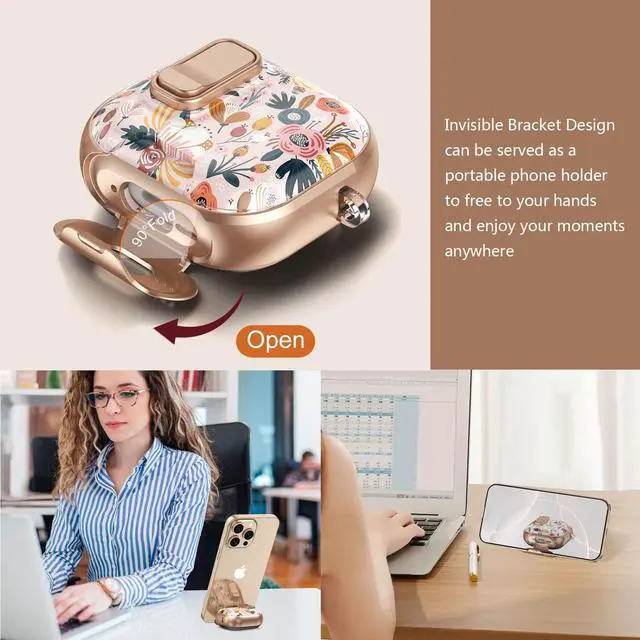 Alt view image 4 of 7 - Secure Lock for Airpods 4 Case Clear,Girly Cute Palm Floral for Airpods 4th Generation Case Cover with Phone Stand,Auto Pop-up,Hybrid Protection with Carabiner&Cleaning Pen Women Girl-Golden