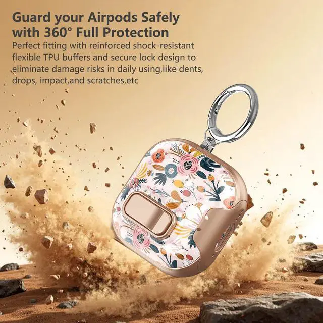 Alt view image 6 of 7 - Secure Lock for Airpods 4 Case Clear,Girly Cute Palm Floral for Airpods 4th Generation Case Cover with Phone Stand,Auto Pop-up,Hybrid Protection with Carabiner&Cleaning Pen Women Girl-Golden