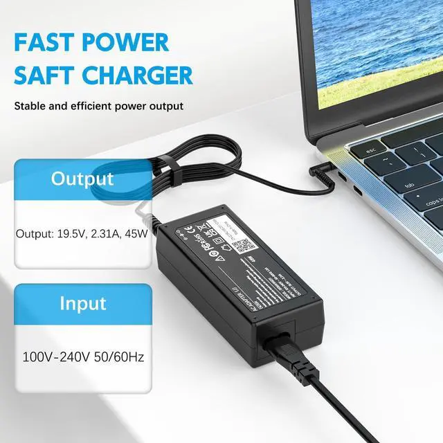 Alt view image 2 of 6 - 45W 19.5V 2.31A Laptop Charger Compatible with HP Stream 11 13 14, Pavilion, Elitebook Folio, Spectre, Pavilion Touchsmart, Spectre Ultrabook, Envy Power Supply (4.5mm x 3.0mm)