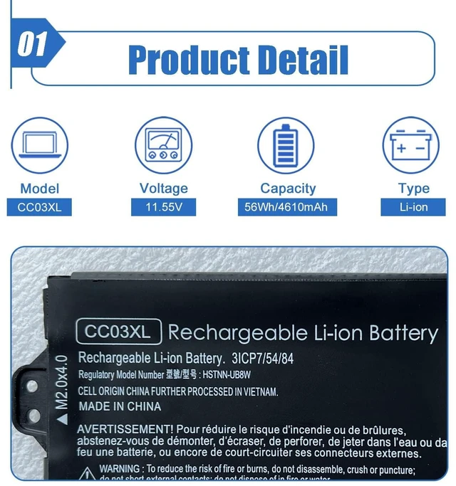 Alt view image 2 of 6 - 56Wh CC03XL Laptop Battery Replace for HP EliteBook 850 855 G7 G8 ZBook Firefly 15 G7 15 G8 Series Notebook L77622-2C1 L77622-541 L77991-005 HSTNN-DB90 HSTNN-UB8W 11.55V