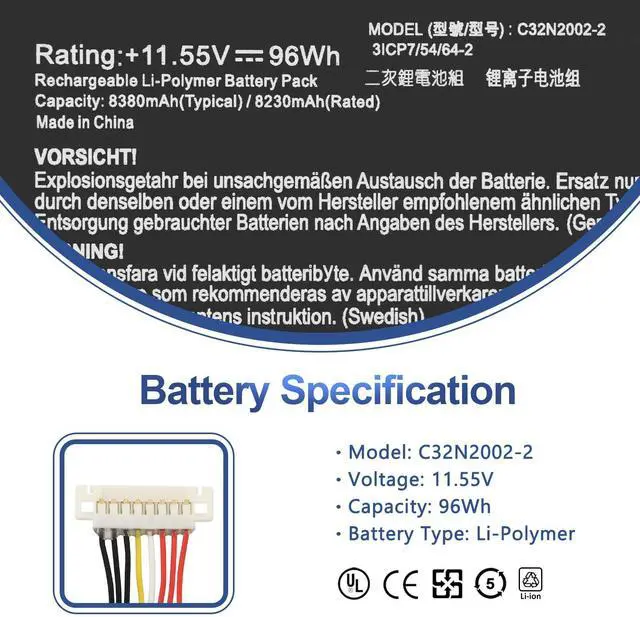Alt view image 2 of 7 - 96Wh C32N2002-2 Laptop Battery Replacement for Asus ZenBook Pro 15 Flip OLED UP6502ZA UP6502ZA-M8006W UP6502ZD UP6502ZD-M8007W Series 0B200-04230000 3ICP7/54/64-2 8380mAh 11.55V