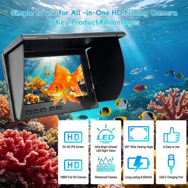 Alt view image 2 of 7 - 5" Underwater Fishing Camera,1080P Fish Finder 65ft Cable | 2000 NIT readable, 8000mAh battery up to 9h, IP68 build for ice, lake, boat and kayak anglers