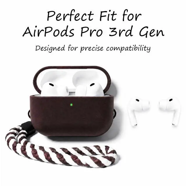 Alt view image 2 of 7 - for AirPods Pro 3 Genuine Leather CaseAll-Round ShockproofMulti Leather, Frame+Hide Patented Dual LayerWireless Charging ReadyLED Visiblewith Lanyard (Deep Red, Crazy Horse Leather)