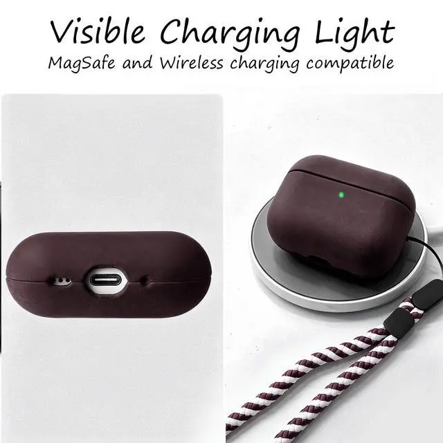 Alt view image 3 of 7 - for AirPods Pro 3 Genuine Leather CaseAll-Round ShockproofMulti Leather, Frame+Hide Patented Dual LayerWireless Charging ReadyLED Visiblewith Lanyard (Deep Red, Crazy Horse Leather)