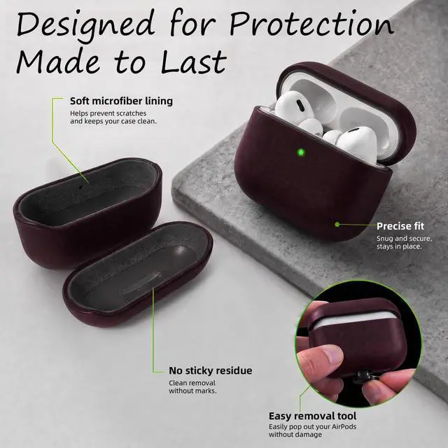 Alt view image 4 of 7 - for AirPods Pro 3 Genuine Leather CaseAll-Round ShockproofMulti Leather, Frame+Hide Patented Dual LayerWireless Charging ReadyLED Visiblewith Lanyard (Deep Red, Crazy Horse Leather)