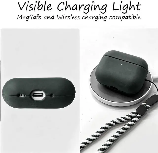 Alt view image 3 of 7 - for AirPods Pro 3 Genuine Leather CaseAll-Round ShockproofMulti Leather, Frame+Hide Patented Dual LayerWireless Charging ReadyLED Visiblewith Lanyard (Green, Crazy Horse Leather)