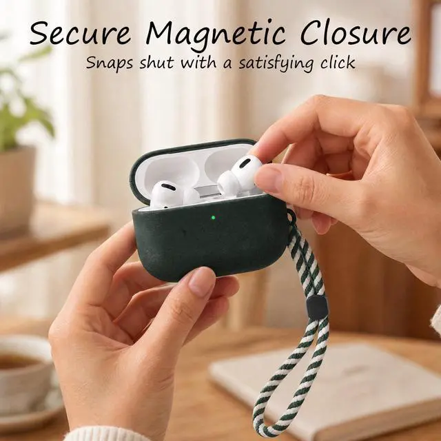 Alt view image 6 of 7 - for AirPods Pro 3 Genuine Leather CaseAll-Round ShockproofMulti Leather, Frame+Hide Patented Dual LayerWireless Charging ReadyLED Visiblewith Lanyard (Green, Crazy Horse Leather)