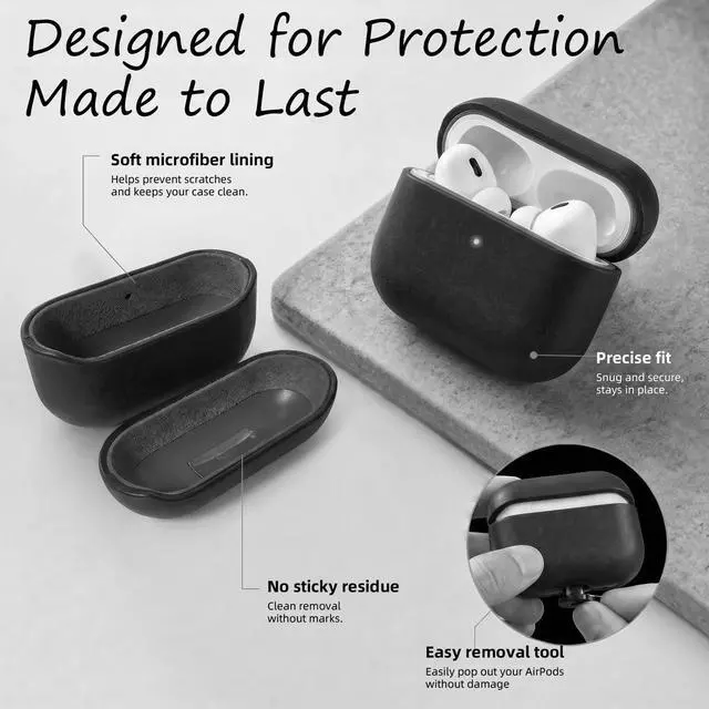 Alt view image 4 of 7 - for AirPods Pro 3 Genuine Leather CaseAll-Round ShockproofMulti Leather, Frame+Hide Patented Dual LayerWireless Charging ReadyLED Visiblewith Lanyard (Black, Crazy Horse Leather)
