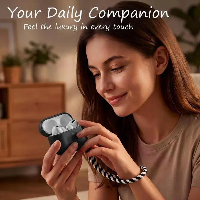 Alt view image 7 of 7 - for AirPods Pro 3 Genuine Leather CaseAll-Round ShockproofMulti Leather, Frame+Hide Patented Dual LayerWireless Charging ReadyLED Visiblewith Lanyard (Black, Crazy Horse Leather)
