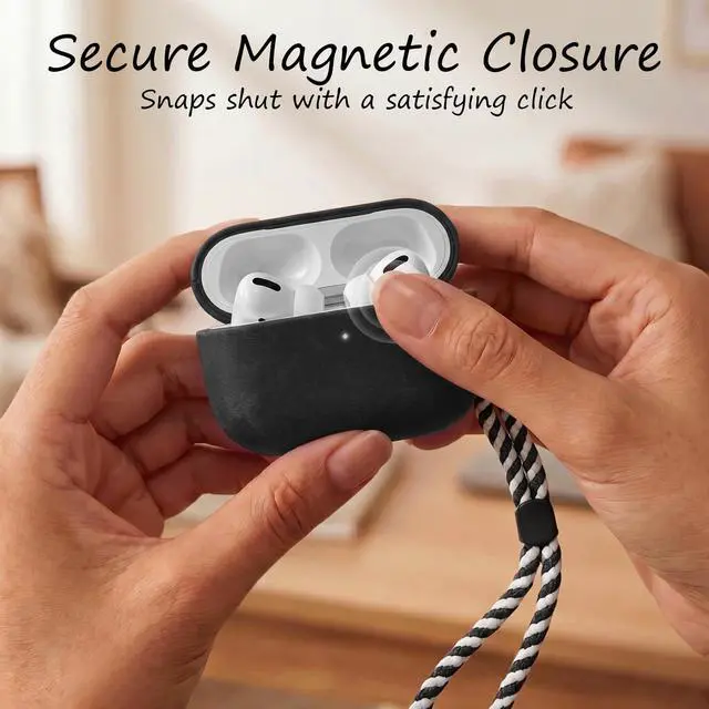 Alt view image 6 of 7 - for AirPods Pro 3 Genuine Leather CaseAll-Round ShockproofMulti Leather, Frame+Hide Patented Dual LayerWireless Charging ReadyLED Visiblewith Lanyard (Black, Crazy Horse Leather)