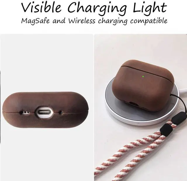 Alt view image 3 of 7 - for AirPods Pro 3 Genuine Leather CaseAll-Round ShockproofMulti Leather, Frame+Hide Patented Dual LayerWireless Charging ReadyLED Visiblewith Lanyard (Dark Brown, Crazy Horse Leather)
